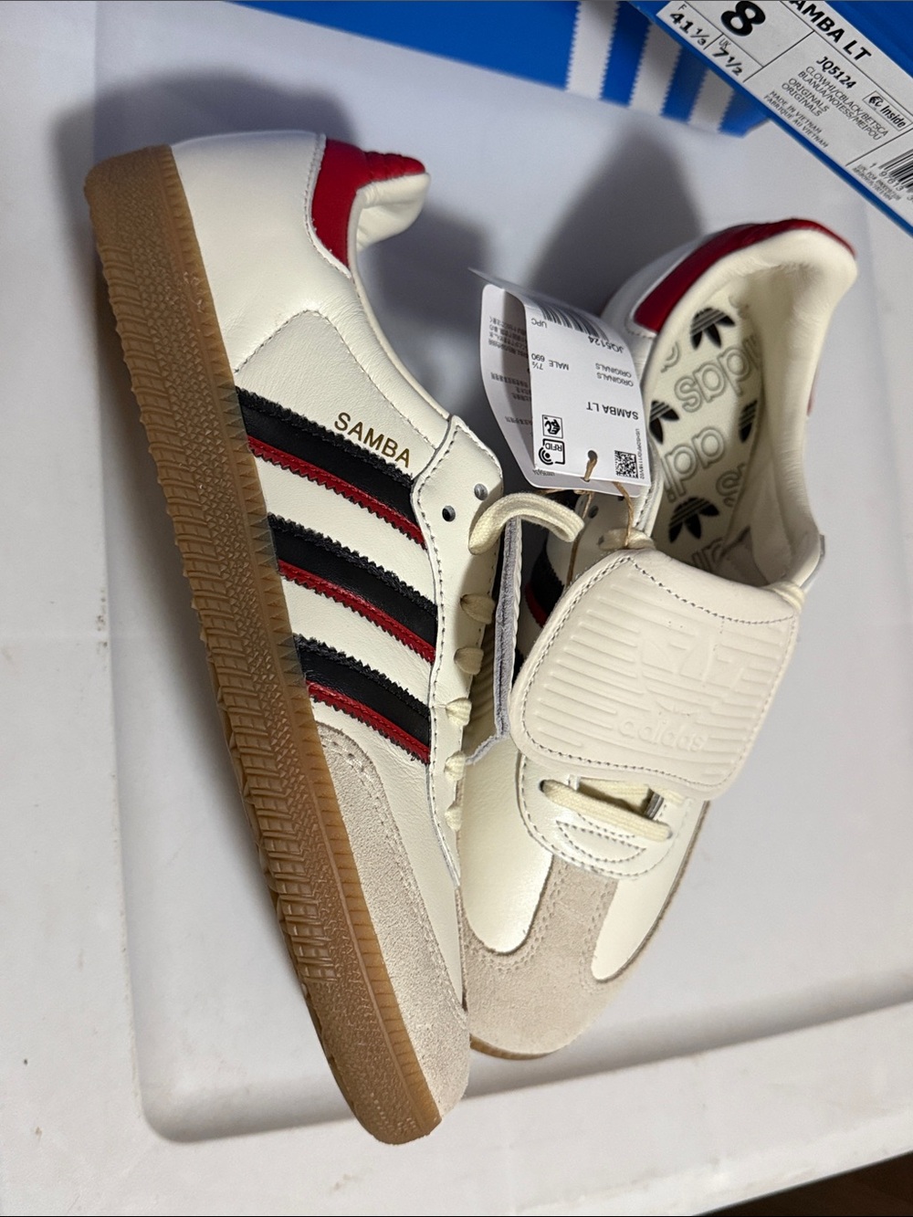 adidas Samba LT Sneakers in cloud White with Black & Red Stripes and Gum Sole